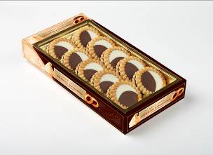 Butterkekse "BISCOTTI NEROBYANKO", mit Schokoladen- und Sahnefüllung, glasiert (in einer Markenschachtel mit Korrex, Verpackung 265 gr.) 